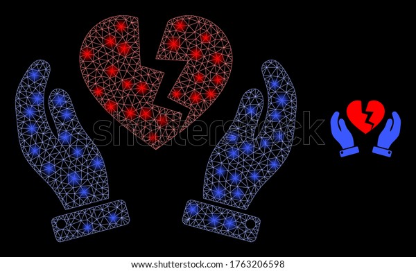 Glowing web network broken heart\
protection hands with glowing spots. Illuminated vector 2d\
constellation created from broken heart protection hands\
icon.