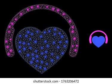 Glowing web network favourite headphones with light spots. Illuminated vector 2d constellation created from favourite headphones icon. Sparkle frame mesh polygonal favourite headphones.