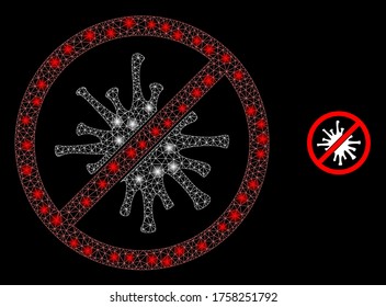 La red de Internet brillante prohíbe el coronavirus con puntos brillantes. Modelo vectorial iluminado 2d creado a partir del icono del coronavirus prohibido. Coronavirus prohibido poligonal de malla espumosa de canal.