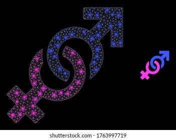 Símbolo de enfrentamiento de género de la red web brillante con puntos brillantes. Modelo vectorial 2d iluminado creado a partir del icono de símbolo de confrontación de género. Sparkle marco malla símbolo de confrontación de género poligonal.