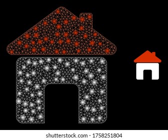 Glowing web network house with glowing spots. Illuminated vector 2d constellation created from house icon. Sparkle frame mesh polygonal house. Wire frame 2D mesh in vector format, lines,