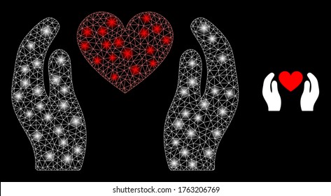 Glühendes Web-Netzwerk Liebe Herz-Pflege Hände mit Lichtflecken. Illuminierte Vektorgrafik 2D Konstellation erstellt aus Liebe Herzen Hände Symbol. Sparkle Rahmen Masche polygonal Liebe Herz Pflegehand.