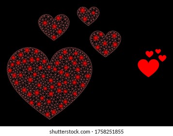 Glühendes Netz Liebe Herzen mit leuchtenden Flecken. Illuminiertes Vektormodell 2d, das aus dem Liebesherzen-Symbol erstellt wurde. Sparkenkarkasse vermascht polygonale Liebesherzen.