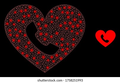 Glowing web network phone heart with lightspots. Illuminated vector 2d model created from phone heart icon. Sparkle frame mesh polygonal phone heart. Linear frame 2D network in vector EPS format,
