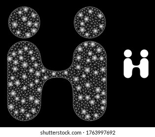 Glowing web network siam twins people with glowing spots. Illuminated vector 2d constellation created from siam twins people icon. Sparkle carcass mesh polygonal siam twins people.