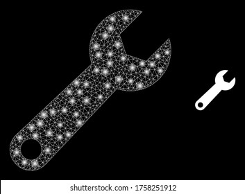 Glowing web network spanner tool with glowing spots. Illuminated vector 2d model created from spanner tool icon. Sparkle carcass mesh polygonal spanner tool.