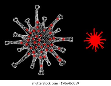 Glowing web sars virus with glowing spots. Wire frame flat network generated from crossing white lines and sars virus icon. White mesh and sparkle frame mesh sars virus on a black background.