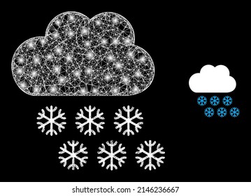 El brillante clima de nieve en la red con puntos brillantes. Malla plana de canal de cables generada con líneas blancas interseccionadas e icono del tiempo de nieve.