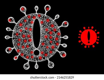 Glowing web virus exclamation with glowing spots. Wire carcass 2D mesh generated from crossing white lines and virus exclamation icon.