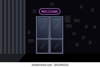 Glowing welcome light with door on dark background at night