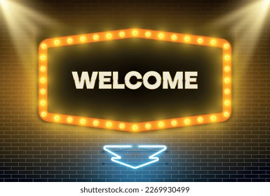 Glowing welcome sign neon Christmas tree silhouette illuminated billboard brick wall banner realistic vector illustration. Greeting message hospitality lighting electric element decorative inscription