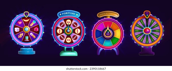 Glowing wheel of fortune for lottery game or casino realistic 3d vector illustration. Lucky roulette, game spin for win prize. Gambling lottery, leisure jackpot elements on dark background.