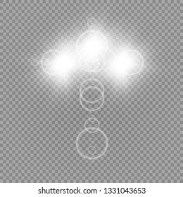 Glowing white Christian cross with sun flare. Vector illustration isolated over transparent background. Shining easter symbol of resurrection in the sky