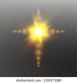 Glowing white Christian cross with sun flare. vector illustration isolated on transparent background. Shining easter symbol of resurrection in the sky