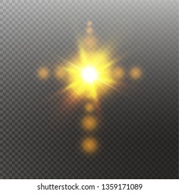 Glowing white Christian cross with sun flare. vector illustration isolated on transparent background. Shining easter symbol of resurrection in the sky