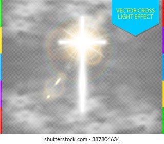 Glowing white Christian cross with sun flare and cloud vector illustration isolated over transparent background. Shining easter symbol of resurrection in the sky