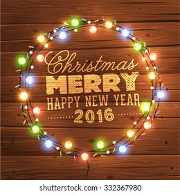 Glowing White Christmas Lights Wreath for Xmas Holiday Greeting Cards Design. Wooden Hand Drawn Background.