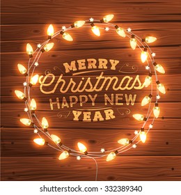 Glowing White Christmas Lights Wreath for Xmas Holiday Greeting Cards Design. Wooden Hand Drawn Background.