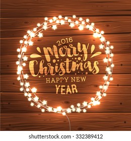 Glowing White Christmas Lights Wreath For Xmas Holiday Greeting Cards Design. Wooden Hand Drawn Background.