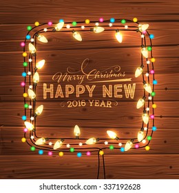 Glowing White Christmas Lights Wreath for Xmas Holiday Greeting Cards Design. Wooden Hand Drawn Background.