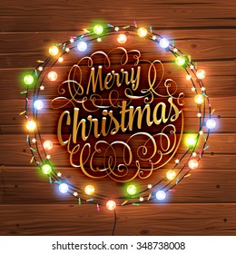 Glowing White Christmas Lights Wreath for Xmas Holiday Greeting Cards Design. Wooden Hand Drawn Background.