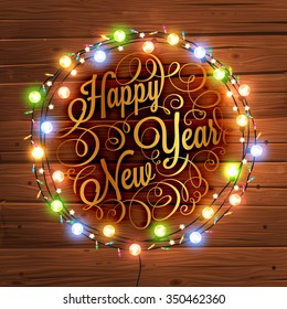Glowing White Christmas Lights Wreath for Xmas Holiday Greeting Cards Design. Wooden Hand Drawn Background.