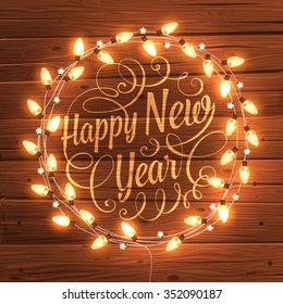 Glowing White Christmas Lights Wreath for Xmas Holiday Greeting Cards Design. Wooden Hand Drawn Background.