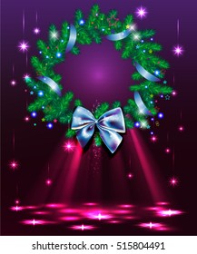 Glowing White Christmas Lights Wreath for Xmas Holiday Greeting Cards Design.