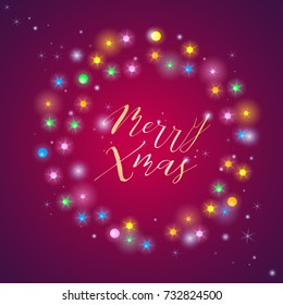Glowing white christmas lights wreath for Xmas Holiday greeting cards design. Holiday shining garland. Illuminated background illustration. Hanging vibrant glowing frame.