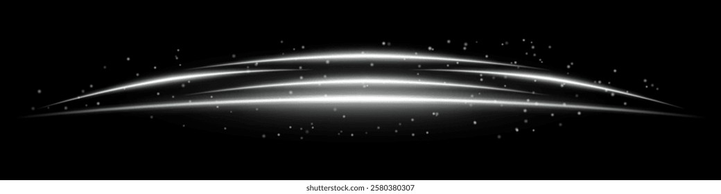 Glowing white curved light streaks with scattered particles on a dark background. Futuristic arc-shaped energy flow, laser effect, neon illumination, and digital motion concept.