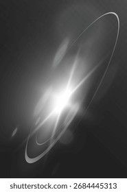 Glowing white flare with light rays and shining halo on dark transparent background.