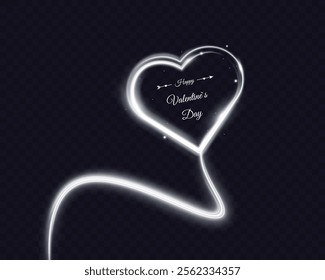 Glowing white heart shape with "Happy Valentine's Day" text inside and light trail on transparent dark background.