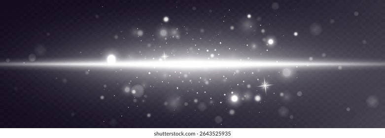 Glowing white horizontal beam of light with soft sparkles and glow. Neon flash, laser light lines.