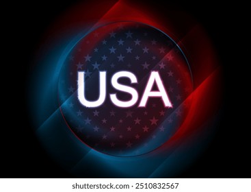 Glowing white inscription of the USA on dark starry red and blue background with glossy circle. Vector design