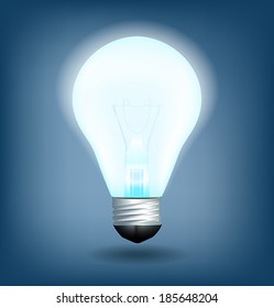 Glowing white light bulb, Realistic photo light bulb on blue background