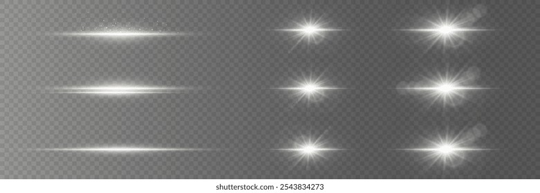 Glowing white light effect. Lens flare, sun flare, lines, stars, explosion. On a transparent background.