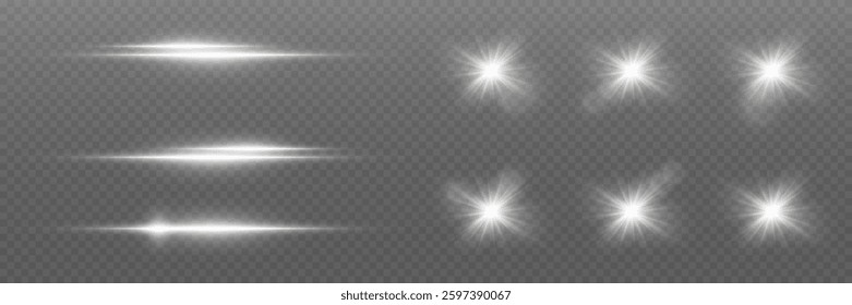 Glowing white light effect. Lens flare, sun flare, lines, stars, explosion. On a transparent background.