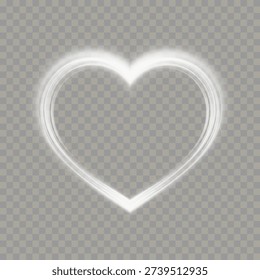 Glowing white light heart outline with a soft halo and gentle motion blur, isolated on transparent background. Romantic luminous symbol for wedding and Valentine designs.