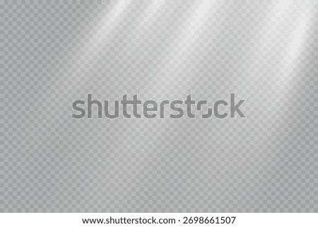  Glowing white light rays, sunshine flare on transparent background.
