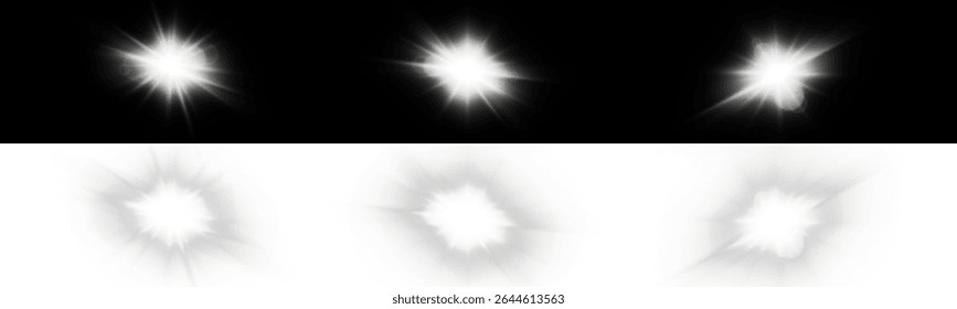 Glowing White Light Sparkle – Transparent PNG with Shiny Star Effect, Silver Glow, Flare and Lens Light Burst, Perfect for Highlights, Magic and Christmas Decor	
