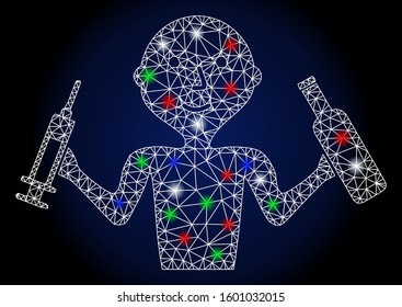 Glowing white mesh addict man with glitter effect. Abstract illuminated model of addict man. Shiny wire frame triangular mesh addict man icon. Vector abstraction on a dark blue gradient background.