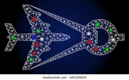 Glowing white mesh airplane project with glow effect. Abstract illuminated model of airplane project. Shiny wire frame polygonal network airplane project icon.