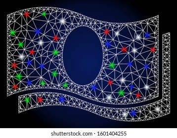 Glowing white mesh banknotes with sparkle effect. Abstract illuminated model of banknotes. Shiny wire carcass triangular mesh banknotes icon. Vector abstraction on a dark blue gradient background.