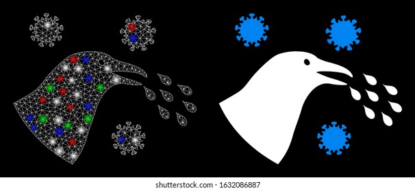 Glowing white mesh bird flu infection with sparkle effect. Abstract illuminated model of bird flu infection. Shiny wire carcass triangular mesh bird flu infection icon on a black background.