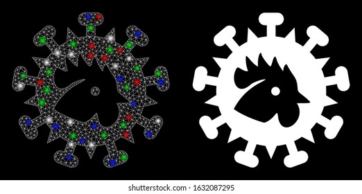 Glowing white mesh bird flu virus with sparkle effect. Abstract illuminated model of bird flu virus. Shiny wire frame polygonal mesh bird flu virus icon on a black background.