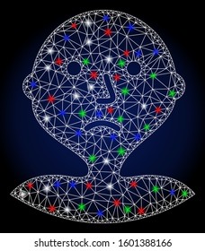 Glowing white mesh I am bored with glare effect. Abstract illuminated model of I am bored. Shiny wire frame polygonal mesh I am bored icon. Vector abstraction on a dark blue gradient background.