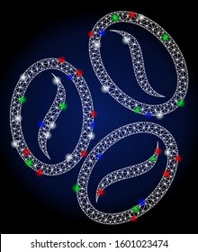 Glowing white mesh cacao beans with sparkle effect. Abstract illuminated model of cacao beans. Shiny wire frame polygonal mesh cacao beans icon. Vector abstraction on a dark blue gradient background.