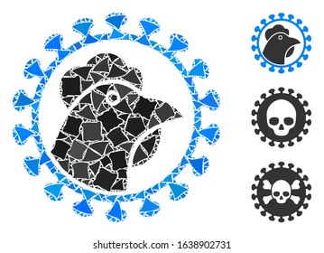 Glowing white mesh chicken flu virus with glitter effect. Abstract illuminated model of chicken flu virus. Shiny wire carcass polygonal network chicken flu virus icon on a black background.