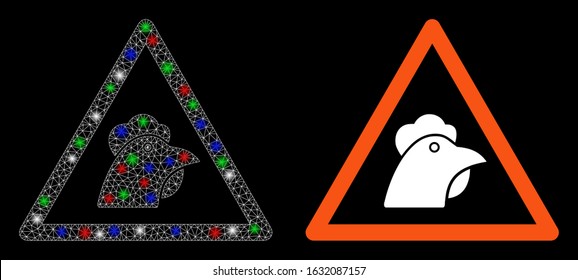Glowing white mesh chicken warning with sparkle effect. Abstract illuminated model of chicken warning. Shiny wire frame triangular mesh chicken warning icon on a black background.