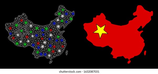 Glowing white mesh China map with glitter effect. Abstract illuminated model of China map. Shiny wire carcass polygonal mesh China map icon on a black background.